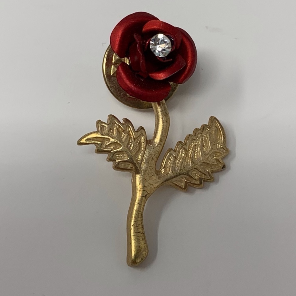 Vintage Red Rose Gold Toned Pin with Rhinestone